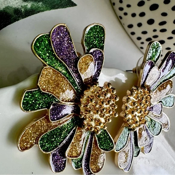 2/$30🌵 Gold Green Purple Flower Earrings Zara Large Mardi Gras Carnival NEW - Picture 8 of 10